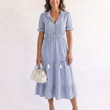 Dakota | Vestido Midi às Riscas em Camadas com Manga Curta