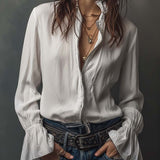 Blusa Branca com Fecho Frontal e Punhos em Folho