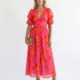 Willow | Vestido Midi Floral com Decote em V e Mangas Bufantes