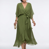 Elysia | Vestido Midi com Decote em V, Drapeado e Cinto de Amarrar