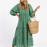 FIORA | Vestido Midi Estampado Floral com Decote em V e Camadas
