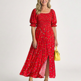 Delphine | Vestido Midi Floral com Mangas Bufantes e Decote Quadrado