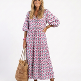 MIREYA | Vestido Midi Aos Folhos com Estampado Geométrico e Manga Comprida