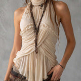 Top Boho Romântico de Chiffon Plissado com Decote Halter