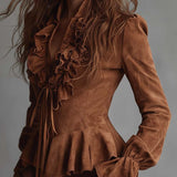 Blusa Vintage em Eco-Camurça Caramelo com Folhos e Renda