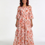 Rosalie | Vestido Maxi Floral de Ombros Descaídos com Folhos em Camadas