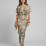 Coralie | Vestido Midi de Estampado Abstrato com Decote em V e Nó na Cintura
