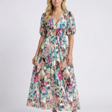 Eulalie | Vestido Midi com Decote em V, Manga Curta e Cintura Franzida