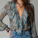 Blusa de Chiffon com Folhos e Fecho Frontal – Estampado Cobra-Floral Azul-Névoa