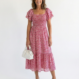 Odette | Vestido Midi Floral com Ombros à Mostra e Franzido