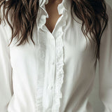 Camisa Elegante de Folhos com Botões e Mangas Compridas de Punho Evasê