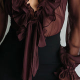 Blusa de Chiffon Retro Roxa Transparente com Folhos e Laço Frontal