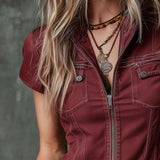 Blusa de Ganga de Manga Curta com Carcela de Fecho Vintage