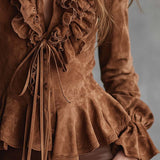 Blusa Vintage em Eco-Camurça Caramelo com Folhos e Renda