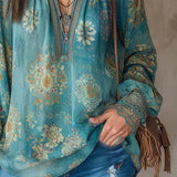 Blusa Vintage de Estilo Étnico com Debruns em Renda Floral