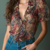 Blusa Vintage Transparente Florida com Folhos e Mangas Bufantes