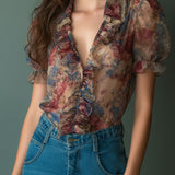 Blusa Vintage Transparente Florida com Folhos e Mangas Bufantes