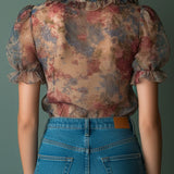 Blusa Vintage Transparente Florida com Folhos e Mangas Bufantes