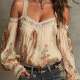 Blusa Boho Vintage Creme Floral em Renda com Ombros à Mostra
