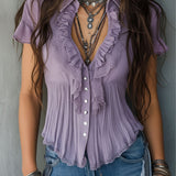 Blusa Boho Vintage Lilás Plissada com Folhos e Renda