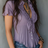 Blusa Boho Vintage Lilás Plissada com Folhos e Renda