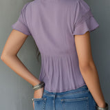 Blusa Boho Vintage Lilás Plissada com Folhos e Renda