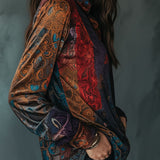 Camisa Boho em Veludo com Estampado Floral e Manga Comprida