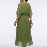 Elysia | Vestido Midi com Decote em V, Drapeado e Cinto de Amarrar