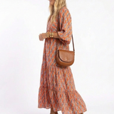 AMARA | Vestido Midi Aos Folhos com Estampado Geométrico e Decote em V