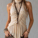 Top Boho Romântico de Chiffon Plissado com Decote Halter