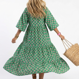 FIORA | Vestido Midi Estampado Floral com Decote em V e Camadas