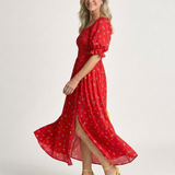 Delphine | Vestido Midi Floral com Mangas Bufantes e Decote Quadrado