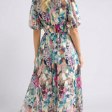 Eulalie | Vestido Midi com Decote em V, Manga Curta e Cintura Franzida