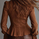 Blusa Vintage em Eco-Camurça Caramelo com Folhos e Renda