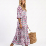 MIREYA | Vestido Midi Aos Folhos com Estampado Geométrico e Manga Comprida