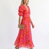 Willow | Vestido Midi Floral com Decote em V e Mangas Bufantes