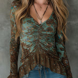 Blusa Boho Floral Verde-Sálvia e Bronze com Franzido e Bainha de Folhos