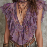 Blusa Boémia em Chiffon com Estampado Paisley e Folhos