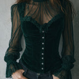 Blusa Gótica Estilo Corpete em Veludo Preto com Aplicação de Renda e Mangas Transparentes