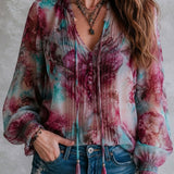 Blusa Boho com Estampado Floral, Laço de Borlas e Punhos Franzidos, Manga Comprida