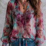 Blusa Boho com Estampado Floral, Laço de Borlas e Punhos Franzidos, Manga Comprida