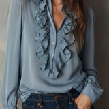 Blusa de Chiffon Azul-Empoeirado com Folhos Frontais, Decote em V e Botões