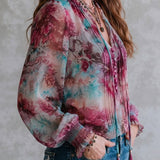 Blusa Boho com Estampado Floral, Laço de Borlas e Punhos Franzidos, Manga Comprida