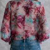Blusa Boho com Estampado Floral, Laço de Borlas e Punhos Franzidos, Manga Comprida