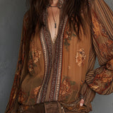 Blusa Boho Vintage Transparente Floral com Mangas Amplas