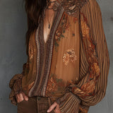Blusa Boho Vintage Transparente Floral com Mangas Amplas