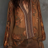 Blusa Boho Vintage Transparente Floral com Mangas Amplas