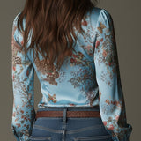 Blusa Elegante em Cetim com Estampado de Leopardo e Fecho Frontal