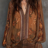 Blusa Boho Vintage Transparente Floral com Mangas Amplas
