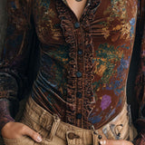 Blusa Boho Chique em Veludo com Estampado Floral e Debrum de Folho
